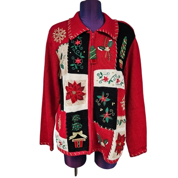 Tiara International Red Patchwork‎ Full Zip Christmas Sweater Size Large K80 - Picture 1 of 13